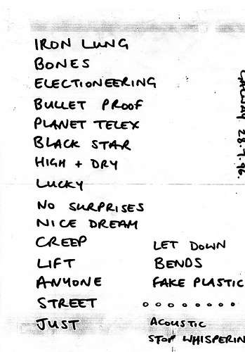 Radiohead hand-written setlist
